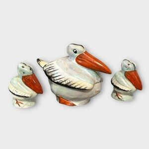 Vintage Porcelain Pelicans Salt Pepper Condiment Bowl with Spoon Germany